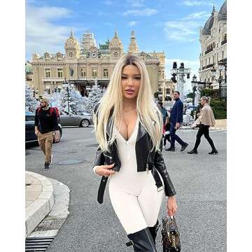 OQQ Women Yoga Jumpsuits Workout Ribbed Long Sleeve Zip Front Sport Jumpsuits Beige