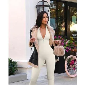 OQQ Women Yoga Jumpsuits Workout Ribbed Long Sleeve Zip Front Sport Jumpsuits Beige