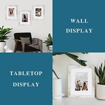 Hongkee 8x10 Picture Frame Set of 4, Made of Real Glass and Distressed White Wooden Frame, 8 by 10 Photo for Wall or Tabletop - Display Picture 5x7 with Mat or 8x10 Without Mat