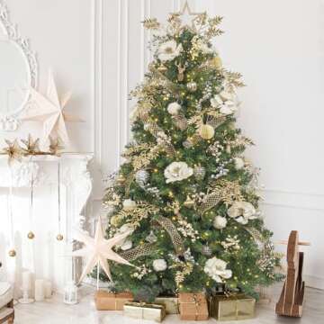 KI Store 7ft Christmas Tree with Decorations and Lights Remote and Timer Champagne Christmas Tree Decorations Including 7 Feet Full Tree, Ornaments, USB LED String Lights