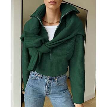 BTFBM Women’s Casual Long Sleeve Half Zip Pullover Sweaters Solid V Neck Collar Ribbed Knitted Loose Slouchy Jumper Tops(Solid Green, X-Large)