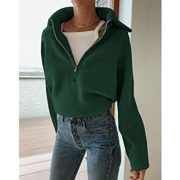 BTFBM Women’s Casual Long Sleeve Half Zip Pullover Sweaters Solid V Neck Collar Ribbed Knitted Loose Slouchy Jumper Tops(Solid Green, X-Large)