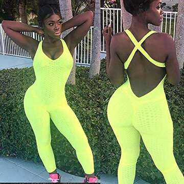 SEASUM Women's Workout Sleeveless Textured Jumpsuit One-Piece Backless Bodysuit Slimming Bodycon Rompers Playsuit S