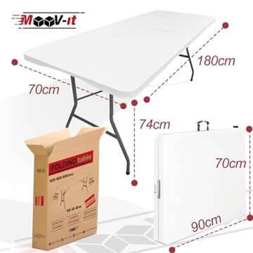 Moov-it Folding Table 6ft. Outdoor and Indoor. Portable Desk for Work. Card Table with Heavy Duty Plastic. Fold-in-Half Banquet Table. Buffet, Catering, Camping, Party, Dining