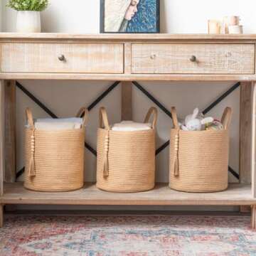 Mkono Woven Storage Basket Decorative Natural Rope Basket Wooden Bead Decoration for Blankets,Toys,C...