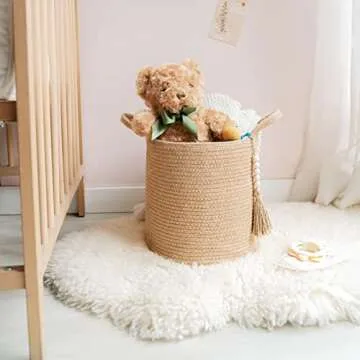 Mkono Woven Storage Basket Decorative Natural Rope Basket Wooden Bead Decoration for Blankets,Toys,Clothes,Shoes,Plant Organizer Bin with Handles Living Room Home Decor