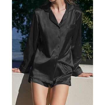 Ekouaer Women's Bridal Feather Trim Silk Satin Pajama Set Long Sleeve Lounge Sets Sleepwear (Removable Feather) Black Feather Large