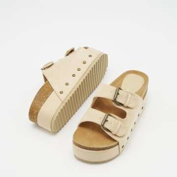 ATBELL Women's Cork Footbed Flatform Sandals Comfort Platform Slides Sandal with Dual Buckled Straps Open Toe Suede Clogs Fashion Studded Heeled Slippers Beige