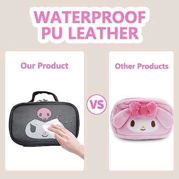 NGCJZF Kawaii Anime Makeup Bag, Cute Cartoon Cosmetics Bag, Mini Travel Toiletry Bag, Waterproof Reusable Faux Leather Makeup Accessories for Women (Black)