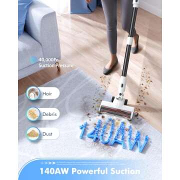 MIUZZY Cordless Vacuum Cleaner, 140AW Powerful Suction, 60 Mins Max Runtime and Fast Charging, Anti-Hair Wrap, 6 in 1 Stick Vacuum Cleaner for Home, Pet Hair, Hard Floors, Carpets, Cars