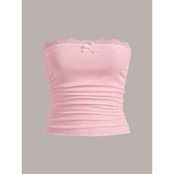 SOLY HUX Women's Lace Trim Ruched Bandeau Crop Tube Tops Bowknot Front Strapless Summer Tops Pure Light Pink S