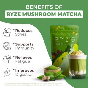 RYZE Mushroom Matcha, USDA Organic with 6 Adaptogenic Mushrooms and Ceremonial-Grade Japanese Matcha...