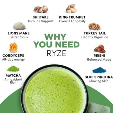 RYZE Mushroom Matcha, USDA Organic with 6 Adaptogenic Mushrooms and Ceremonial-Grade Japanese Matcha, Energy, Focus, Digestion, Immunity with Cordyceps, Lion’s Mane, Reishi, Turkey Tail, 30 servings