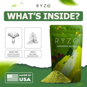 RYZE Mushroom Matcha, USDA Organic with 6 Adaptogenic Mushrooms and Ceremonial-Grade Japanese Matcha, Energy, Focus, Digestion, Immunity with Cordyceps, Lion’s Mane, Reishi, Turkey Tail, 30 servings