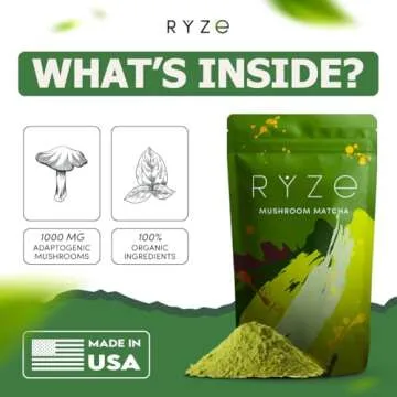 RYZE Mushroom Matcha, USDA Organic with 6 Adaptogenic Mushrooms and Ceremonial-Grade Japanese Matcha, Energy, Focus, Digestion, Immunity with Cordyceps, Lion’s Mane, Reishi, Turkey Tail, 30 servings