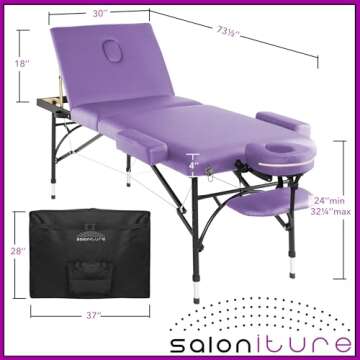 Saloniture Professional Portable Lightweight Tri-Fold Massage Table with Aluminum Legs - Includes Headrest, Face Cradle, Armrests and Carrying Case, Lavender