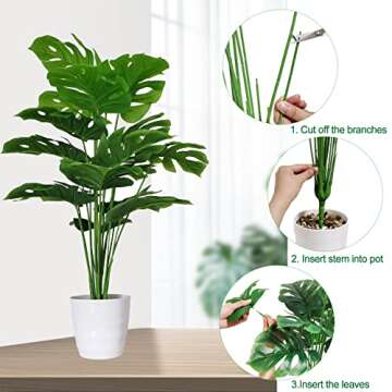 SAJANDAS Set of 2 Artificial Monstera Deliciosa Plants in Pots, Fake Tropical Palm Tree with Greenery Leaves Stems, 28 Inch Artificial Cheese Plant for Home Bathroom, Office, Windowsill Decor