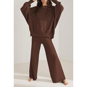 Pink Queen Pants Sets Women 2 Piece Outfits Knit Going Out Tops High Waisted Sweatpants Sweater Loungewear Brown L