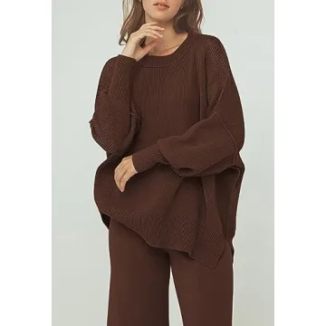 Pink Queen Pants Sets Women 2 Piece Outfits Knit Going Out Tops High Waisted Sweatpants Sweater Loungewear Brown L