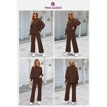 Pink Queen Pants Sets Women 2 Piece Outfits Knit Going Out Tops High Waisted Sweatpants Sweater Loungewear Brown L