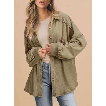 SHEWIN Womens Waffle Knit Shacket Button Down Shirts Jacket Boyfriend Shirts Blouses for Women Casual Fall Tops Womens Fashion 2024 Moss Green S