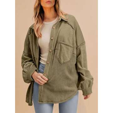 SHEWIN Womens Waffle Knit Shacket Button Down Shirts Jacket Boyfriend Shirts Blouses for Women Casual Fall Tops Womens Fashion 2024 Moss Green S
