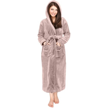 NY Threads Women's Fleece Hooded Bathrobe Plush Long Spa Robe, Small, Taupe