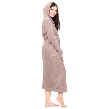 NY Threads Women's Fleece Hooded Bathrobe Plush Long Spa Robe, Small, Taupe