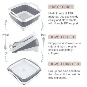 2.4 Gal(9L) Collapsible Dish Basin with Drain Plug, Space Saving Outdoor Multiuse Foldable Sink Tub, Dishpan, Kitchen Storage Tray for Camping, Vegetable Washing, RV (Gray)