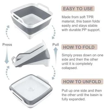 2.4 Gal(9L) Collapsible Dish Basin with Drain Plug, Space Saving Outdoor Multiuse Foldable Sink Tub, Dishpan, Kitchen Storage Tray for Camping, Vegetable Washing, RV (Gray)