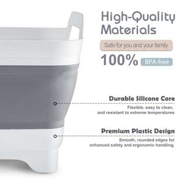 2.4 Gal(9L) Collapsible Dish Basin with Drain Plug, Space Saving Outdoor Multiuse Foldable Sink Tub, Dishpan, Kitchen Storage Tray for Camping, Vegetable Washing, RV (Gray)