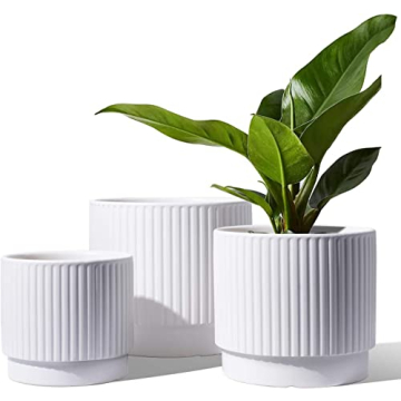 LE TAUCI Ceramic Plant Pots with Drainage Holes, Set of 3, 8+6.7+5.5 Inch Stripe Garden Planter Pots...