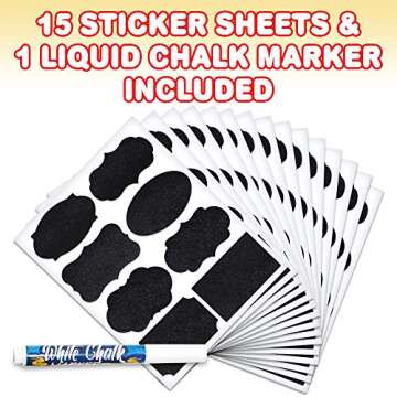 ArtCreativity Pack of 120 Chalkboard Labels for Buckets with a Liquid Chalk Marker, Waterproof and Erasable Stickers in Assorted Designs, Reusable Chalk Board Labels for Jars and Art & Craft Supplies