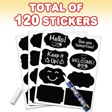 ArtCreativity Pack of 120 Chalkboard Labels for Buckets with a Liquid Chalk Marker, Waterproof and Erasable Stickers in Assorted Designs, Reusable Chalk Board Labels for Jars and Art & Craft Supplies