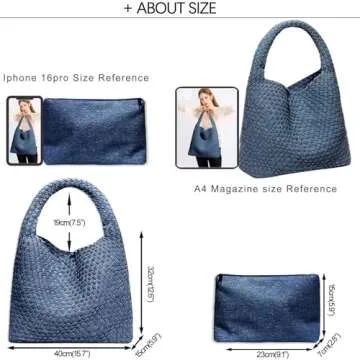 Women Vegan Leather Hand-Woven Tote Handbag Fashion Shoulder Top-handle Bag All-Match Underarm Bag with Purse (Denim Dark Blue)