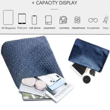 Women Vegan Leather Hand-Woven Tote Handbag Fashion Shoulder Top-handle Bag All-Match Underarm Bag with Purse (Denim Dark Blue)