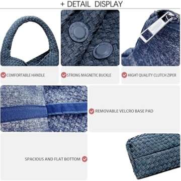 Women Vegan Leather Hand-Woven Tote Handbag Fashion Shoulder Top-handle Bag All-Match Underarm Bag with Purse (Denim Dark Blue)