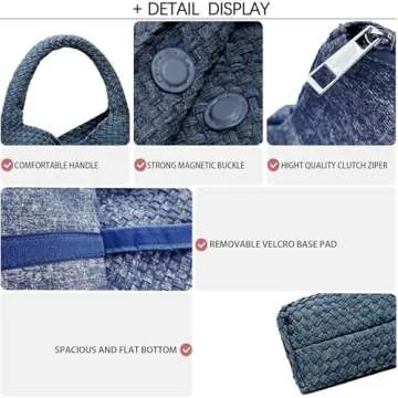 Women Vegan Leather Hand-Woven Tote Handbag Fashion Shoulder Top-handle Bag All-Match Underarm Bag with Purse (Denim Dark Blue)