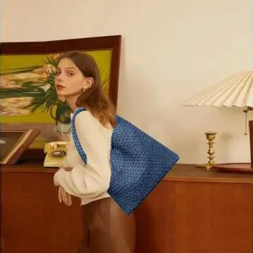 Women Vegan Leather Hand-Woven Tote Handbag Fashion Shoulder Top-handle Bag All-Match Underarm Bag with Purse (Denim Dark Blue)