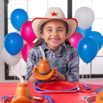 Fun Express Cowboy Hat Cups with Lids & Straw - 4" Cups (15 oz) with 7.5" Straws - Add Western Flair...