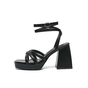 Amoji Women's Black Platform Heels Chunky Heeled Sandals Dressy Block Heels Strappy Thick Heels Prom...