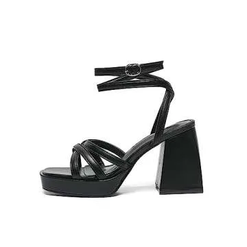 Amoji Women's Black Platform Heels Chunky Heeled Sandals Dressy Block Heels Strappy Thick Heels Prom...