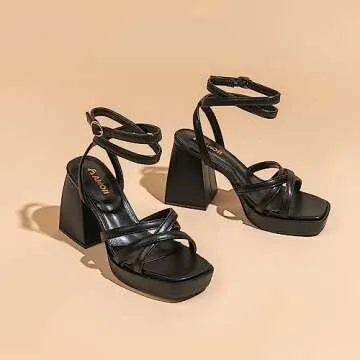 Amoji Women's Black Platform Heels Chunky Heeled Sandals Dressy Block Heels Strappy Thick Heels Prom Shoes 305 Black Size 9 Women