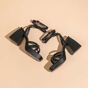 Amoji Women's Black Platform Heels Chunky Heeled Sandals Dressy Block Heels Strappy Thick Heels Prom Shoes 305 Black Size 9 Women