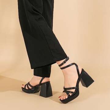 Amoji Women's Black Platform Heels Chunky Heeled Sandals Dressy Block Heels Strappy Thick Heels Prom Shoes 305 Black Size 9 Women