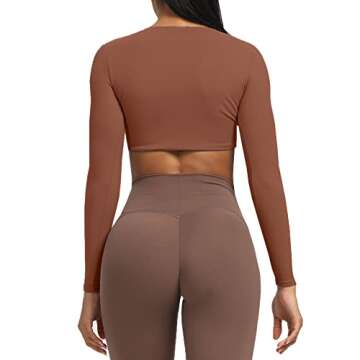 Aoxjox Long Sleeve Crop Tops for Women Sienna Twist Deep V Workout Cropped T Shirt Top (Dandelion Brown, X-Small)