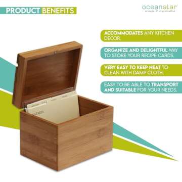 Oceanstar Bamboo Recipe Box with Divider, Natural, 6.80" W x 4.90" D x 5.10" H