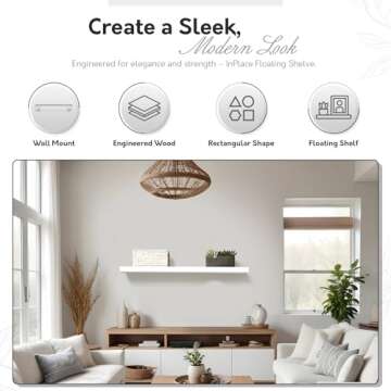 InPlace Shelving 9084670 Slimline Floating Wall Shelf, 8” D x 48” W x 1.25” H, White