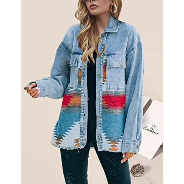 Lumister Aztec Denim Jacket Distressed Vintage Style
