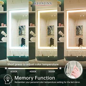 Keonjinn LED Mirror for Bathroom 28 x 36 Inch, Bathroom Mirror with Lights, 3 Color Lights, HD Tempered Glass, UL Listed LED Driver, Frontlit Only, Dimmable, Anti-Fog(Horizontal/Vertical)